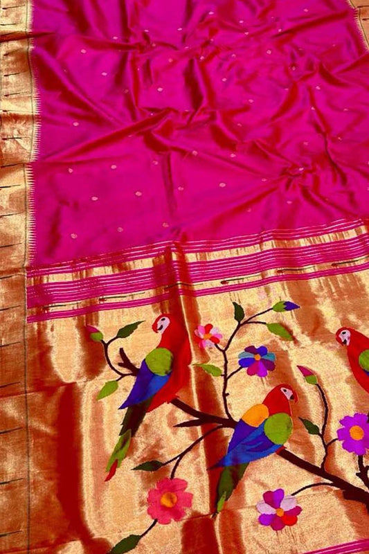 Pink Paithani Handloom Pure Silk Muniya Border Parrot Design Saree - Luxurion World