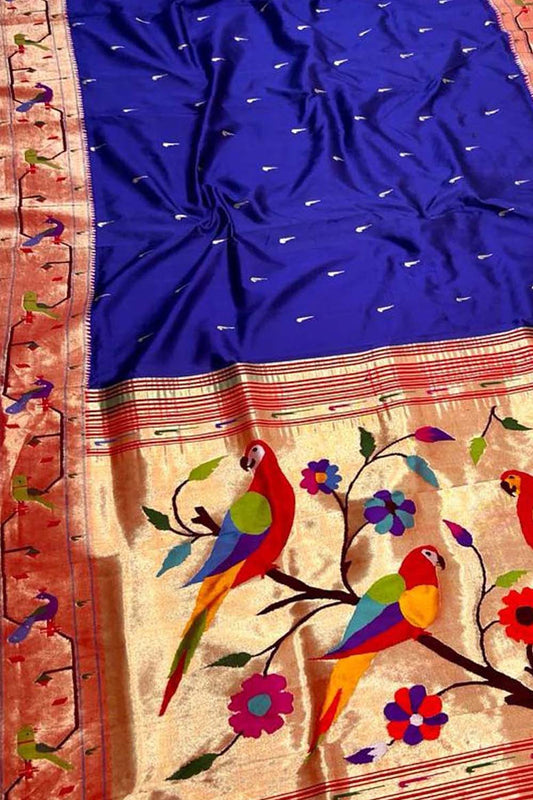 Blue Paithani Handloom Pure Silk Peacock & Parrot Design Saree - Luxurion World