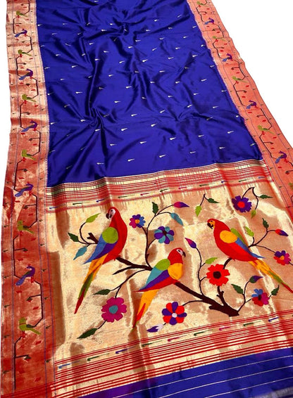 Blue Paithani Handloom Pure Silk Peacock & Parrot Design Saree