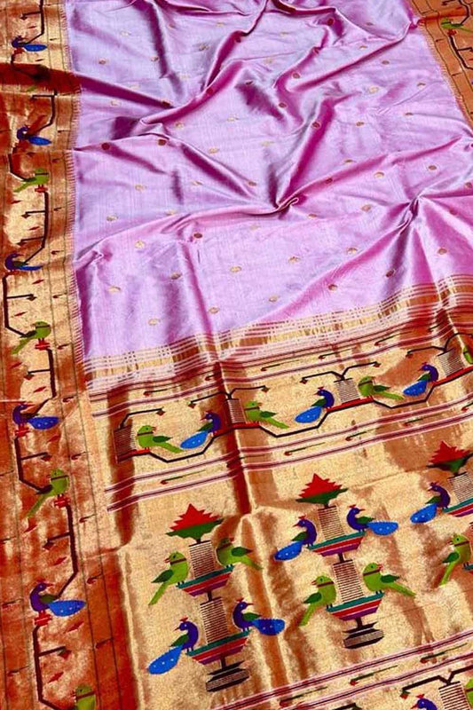 Pink Paithani Handloom Pure Silk Peacock & Parrot Design Saree - Luxurion World
