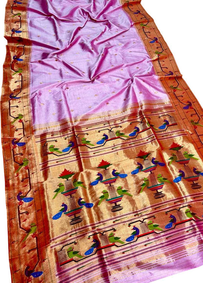 Pink Paithani Handloom Pure Silk Peacock & Parrot Design Saree - Luxurion World