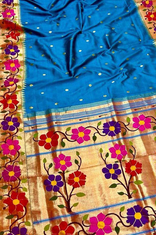 Blue Paithani Handloom Pure Silk Flower Design Saree - Luxurion World