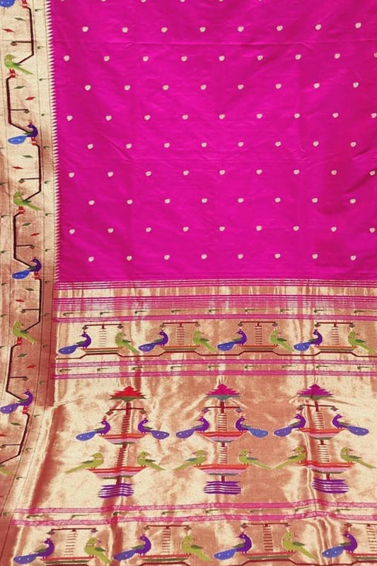 Pink Paithani Handloom Pure Silk Muniya Border Peacock & Parrot Design Saree - Luxurion World