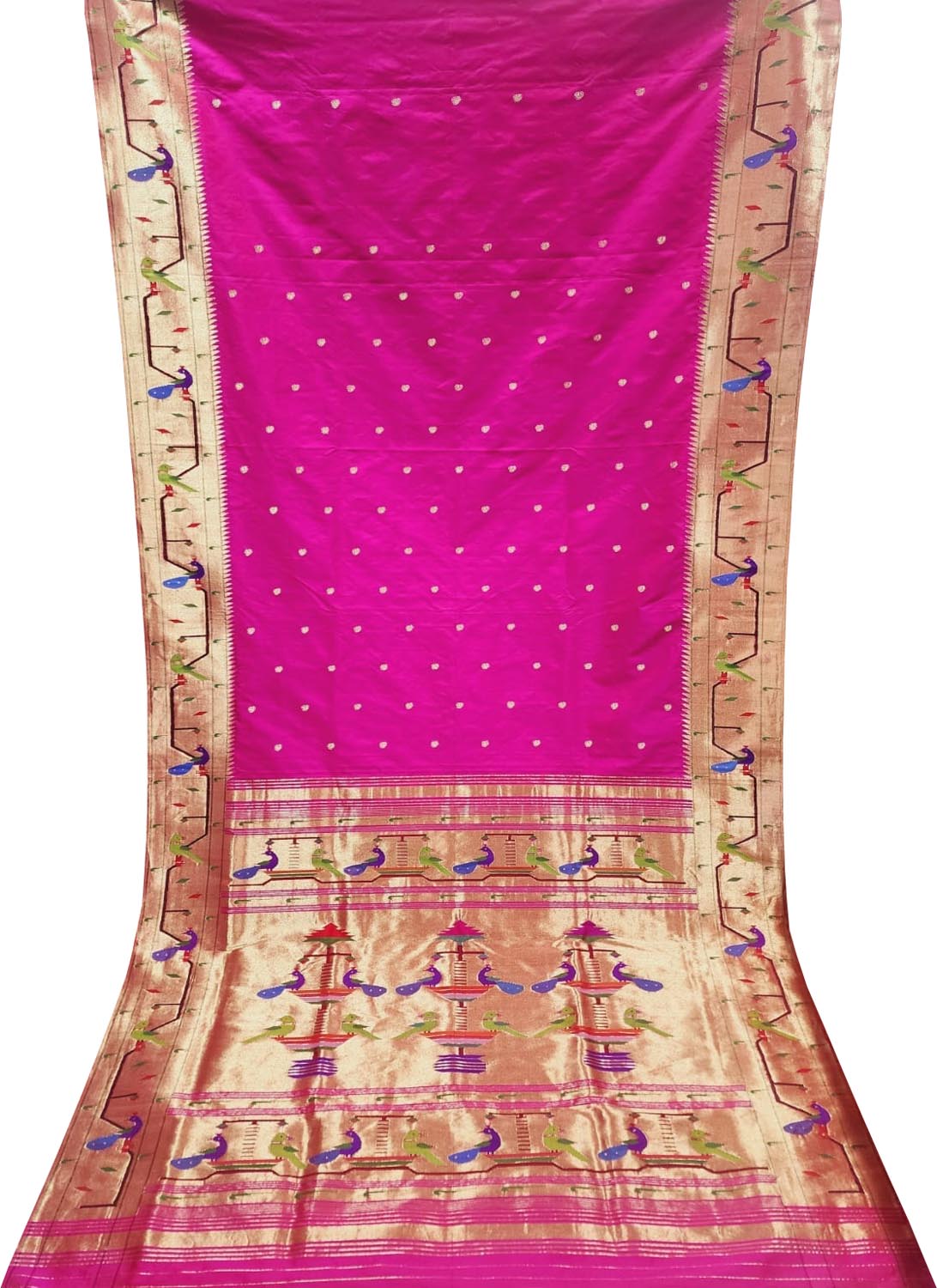 Pink Paithani Handloom Pure Silk Muniya Border Peacock & Parrot Design Saree