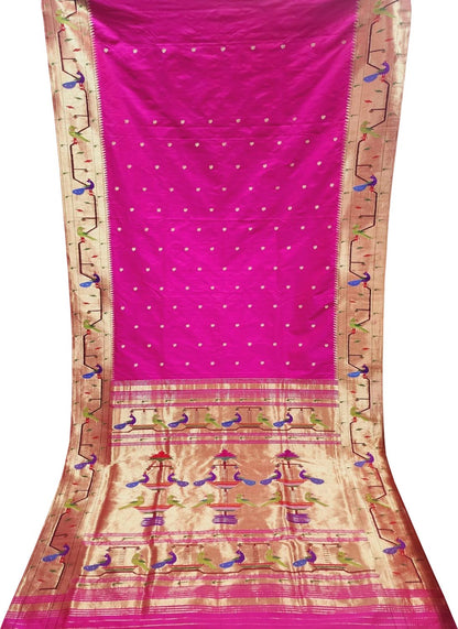 Pink Paithani Handloom Pure Silk Muniya Border Peacock & Parrot Design Saree - Luxurion World