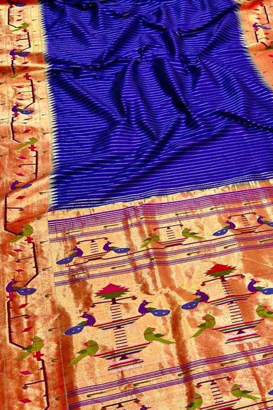 Blue Paithani Handloom Pure Silk Peacock & Parrot Design Saree - Luxurion World