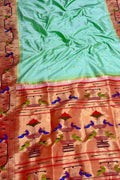 Green Paithani Handloom Pure Silk Peacock & Parrot Design Saree - Luxurion World