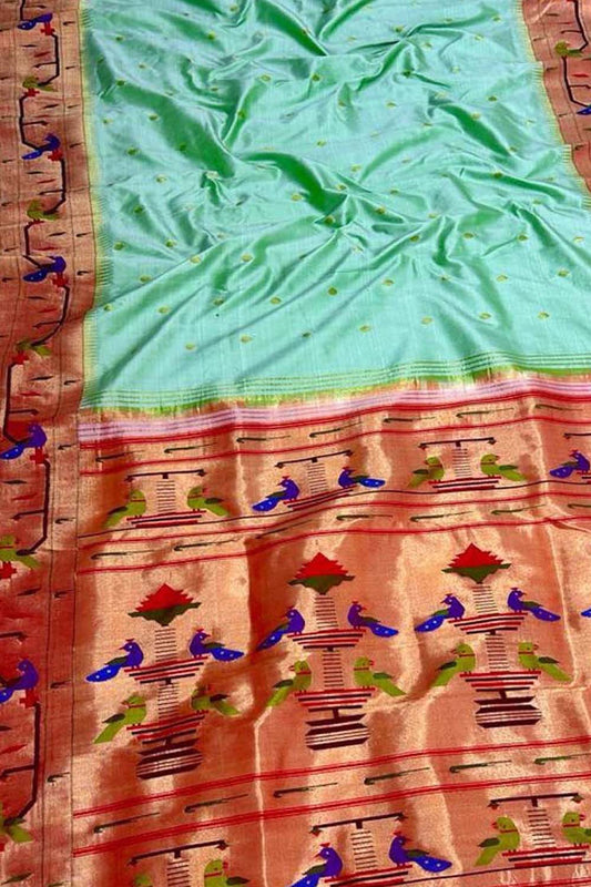 Green Paithani Handloom Pure Silk Peacock & Parrot Design Saree - Luxurion World