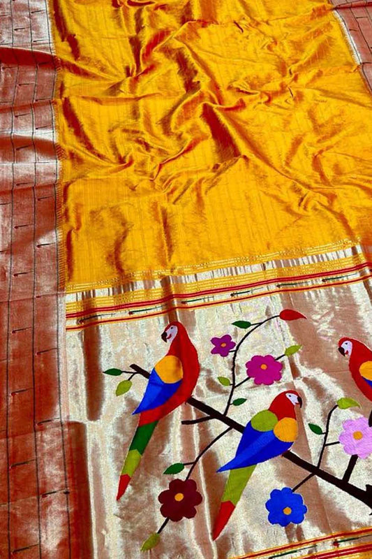 Yellow Paithani Handloom Pure Silk Triple Muniya Border Parrot Design Saree - Luxurion World