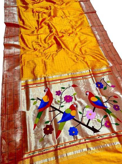 Yellow Paithani Handloom Pure Silk Triple Muniya Border Parrot Design Saree - Luxurion World