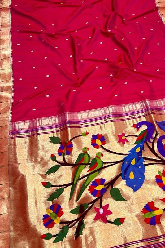 Red And Pink Paithani Handloom Pure Silk Muniya Border Peacock & Parrot Design Saree