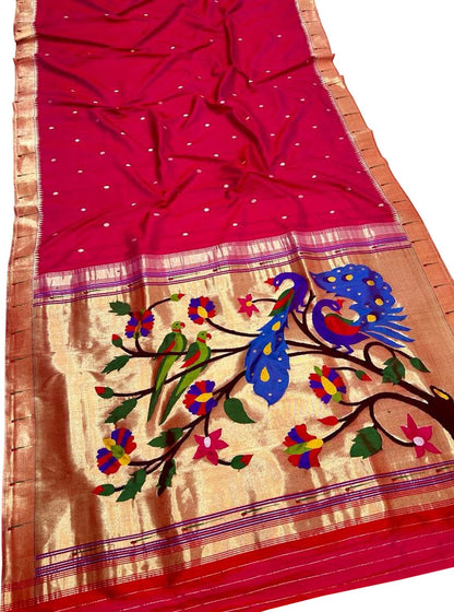 Red And Pink Paithani Handloom Pure Silk Muniya Border Peacock & Parrot Design Saree - Luxurion World