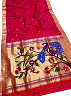 Red And Pink Paithani Handloom Pure Silk Muniya Border Peacock & Parrot Design Saree - Luxurion World