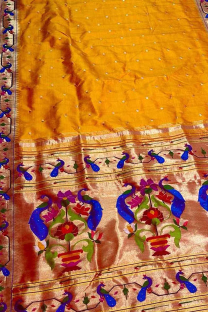 Yellow Paithani Handloom Pure Silk Peacock Design Saree