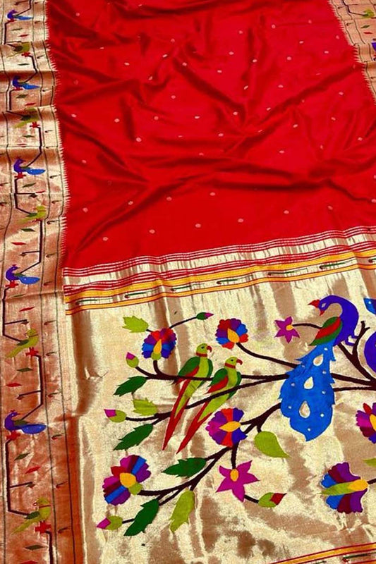 Red Paithani Handloom Pure Silk Peacock & Parrot Design Saree