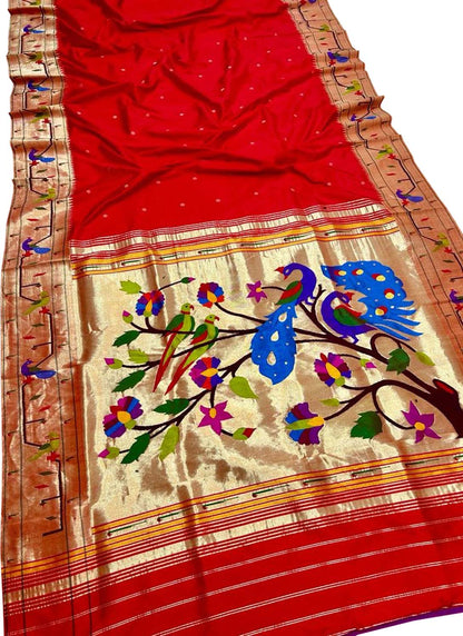 Red Paithani Handloom Pure Silk Peacock & Parrot Design Saree - Luxurion World