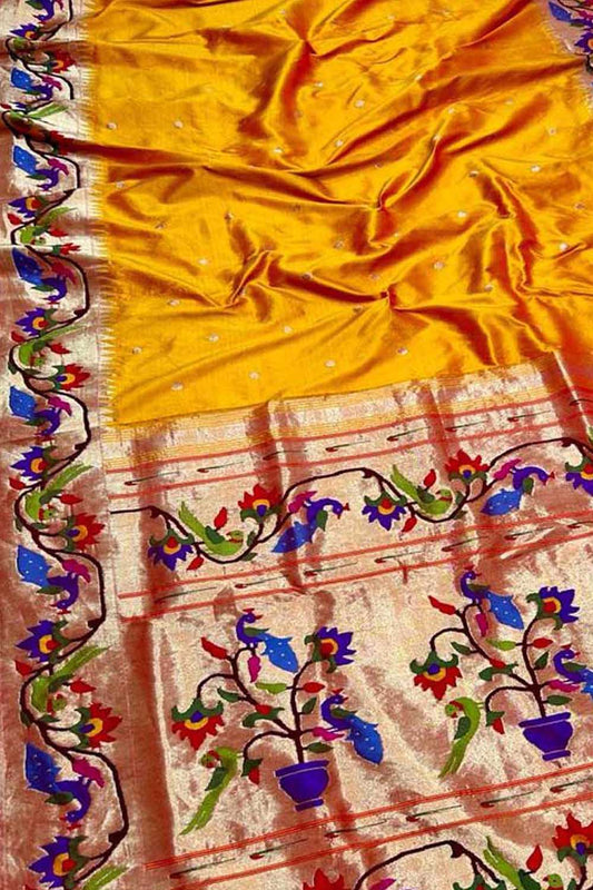 Yellow Paithani Handloom Pure Silk Parrot & Peacock Design Saree - Luxurion World