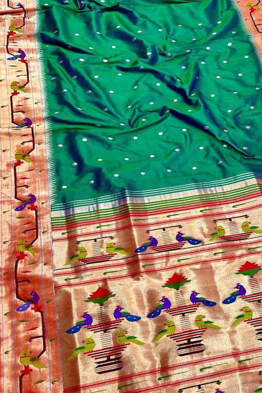 Green Paithani Handloom Pure Silk Peacock & Parrot Design Saree - Luxurion World
