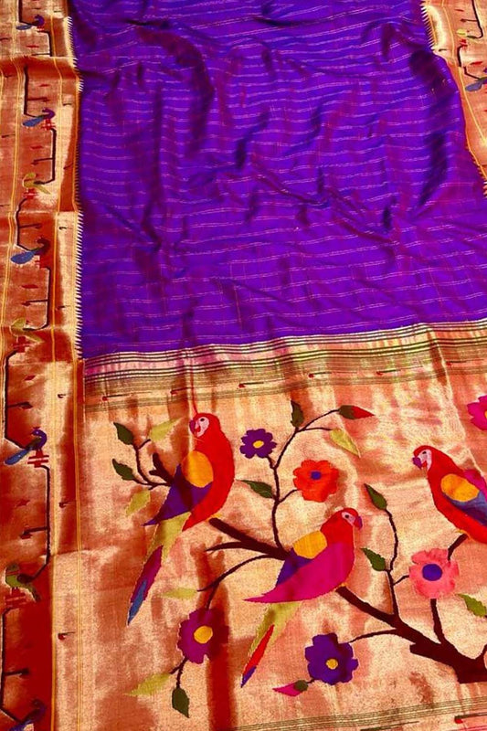 Purple Paithani Handloom Pure Silk Peacock & Parrot Design Saree - Luxurion World