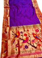 Purple Paithani Handloom Pure Silk Peacock & Parrot Design Saree - Luxurion World