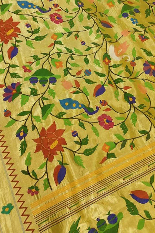 Yellow Paithani Handloom Brocade Pure Silk Flower Design Saree