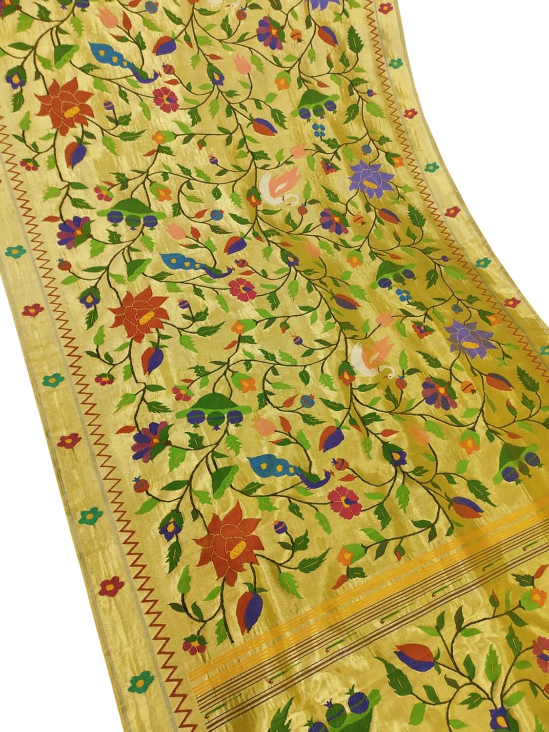 Yellow Paithani Handloom Brocade Pure Silk Flower Design Saree - Luxurion World
