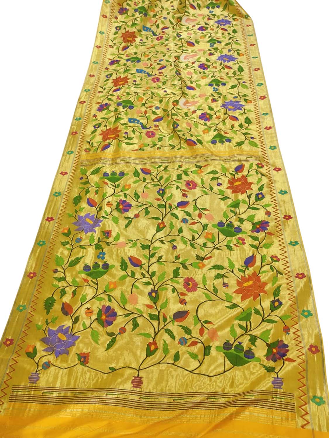 Yellow Paithani Handloom Brocade Pure Silk Flower Design Saree - Luxurion World