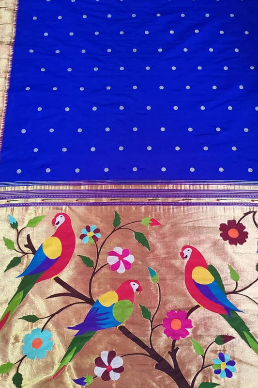 Blue Paithani Handloom Pure Silk Flower And Parrot Design Saree - Luxurion World