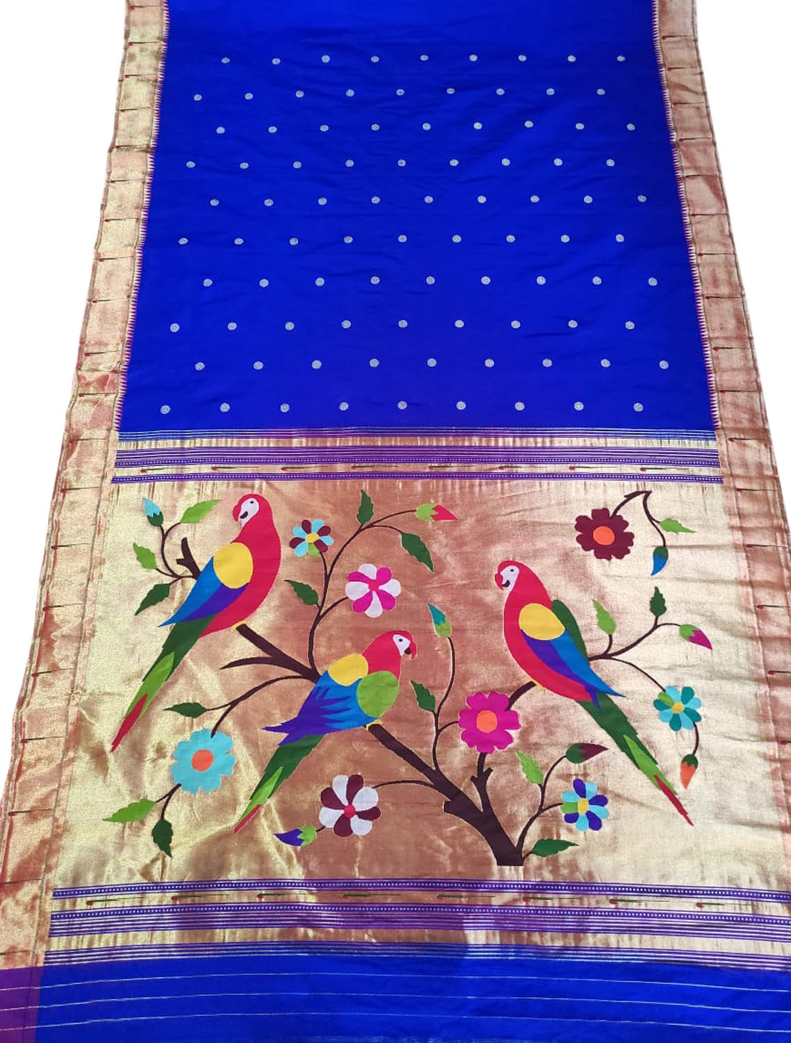Blue Paithani Handloom Pure Silk Flower And Parrot Design Saree - Luxurion World
