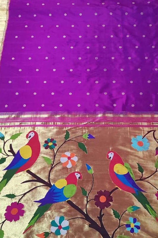 Purple Paithani Handloom Pure Silk Flower And Parrot Design Saree - Luxurion World