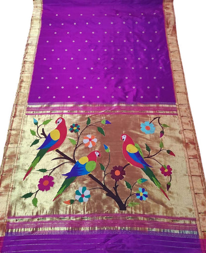Purple Paithani Handloom Pure Silk Flower And Parrot Design Saree - Luxurion World