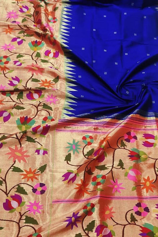 Blue Paithani Handloom Pure Silk Flower Design Saree - Luxurion World