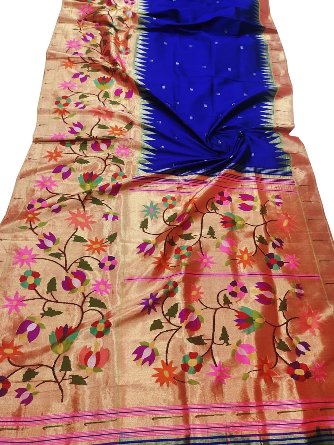 Blue Paithani Handloom Pure Silk Flower Design Saree - Luxurion World