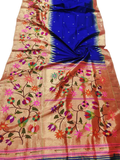 Blue Paithani Handloom Pure Silk Flower Design Saree