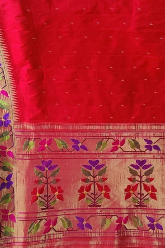 Red Paithani Handloom Pure Silk Flower Design Saree