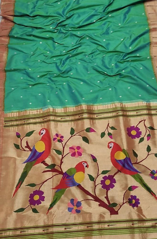 Green Handloom Paithani Pure Silk Muniya Border Parrot Design Pallu Saree - Luxurion World