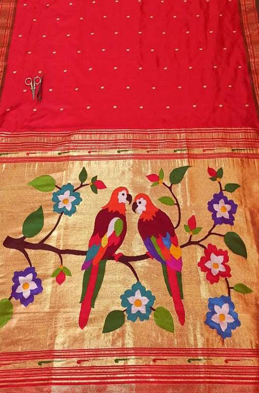 Red Handloom Paithani Pure Silk Parrot Design Pallu Saree - Luxurion World