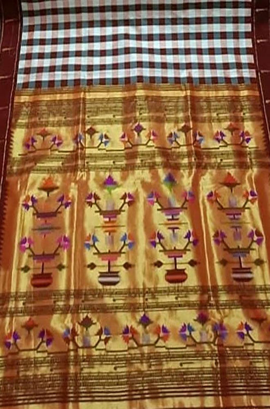 Multicolor Checks Handloom Paithani Pure Silk Muniya Border Flower Design Pallu Saree - Luxurion World