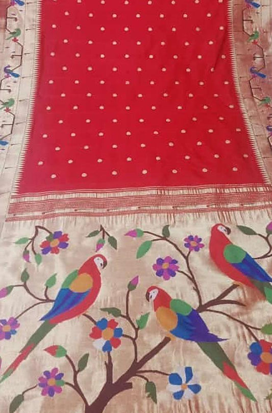 Red Handloom Paithani Pure Silk Triple Muniya Border Parrot Design Pallu Saree - Luxurion World