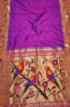 Purple Handloom Paithani Pure Silk Triple Muniya Border Parrot Design Pallu Saree - Luxurion World