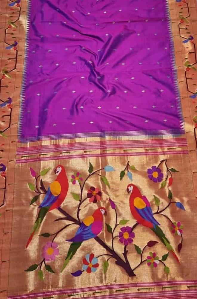 Purple Handloom Paithani Pure Silk Triple Muniya Border Parrot Design Pallu Saree - Luxurion World