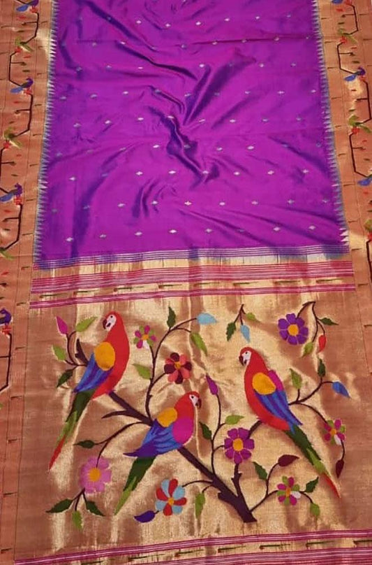 Purple Handloom Paithani Pure Silk Triple Muniya Border Parrot Design Pallu Saree - Luxurion World
