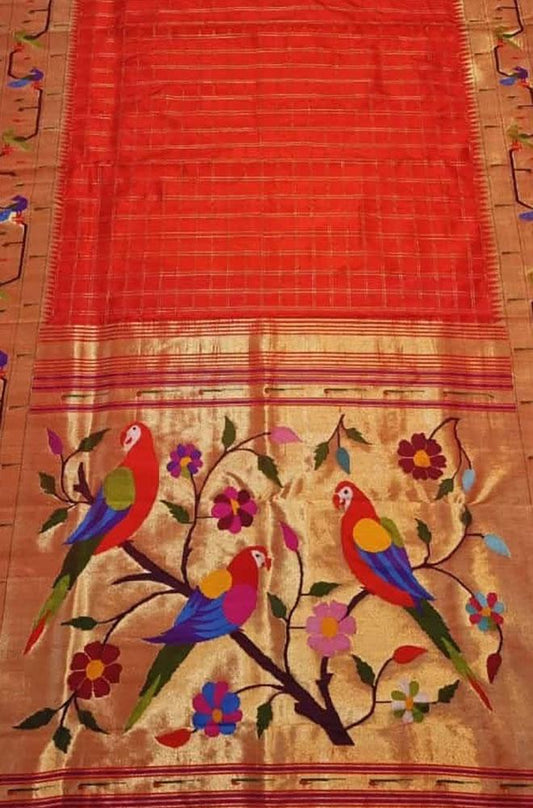 Red Handloom Paithani Pure Silk Triple Muniya Border Parrot Design Pallu Saree - Luxurion World