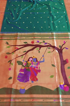 Green Handloom Paithani Pure Silk Triple Muniya Border Saree - Luxurion World