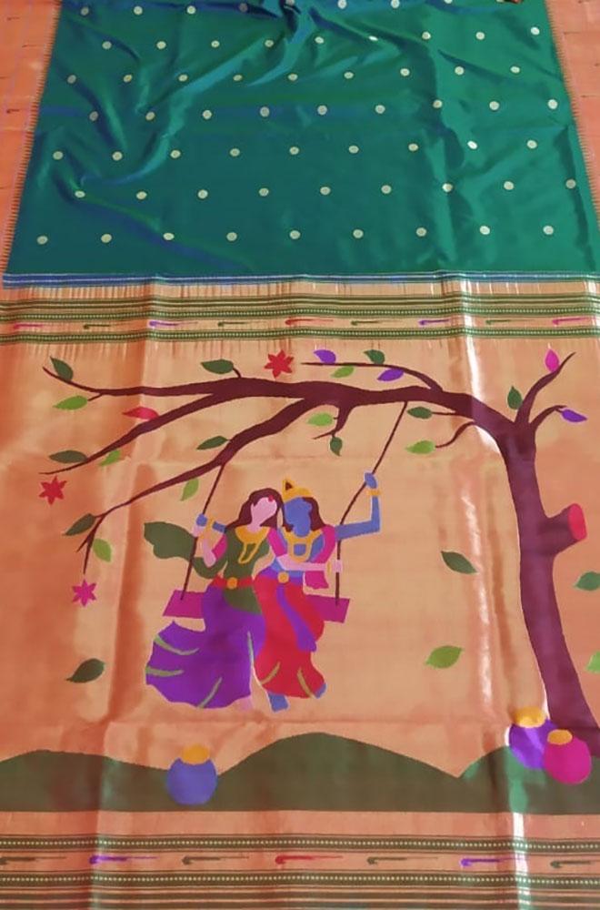 Green Handloom Paithani Pure Silk Triple Muniya Border Saree - Luxurion World