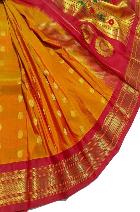 Orange Handloom Paithani Pure Silk Saree - Luxurion World
