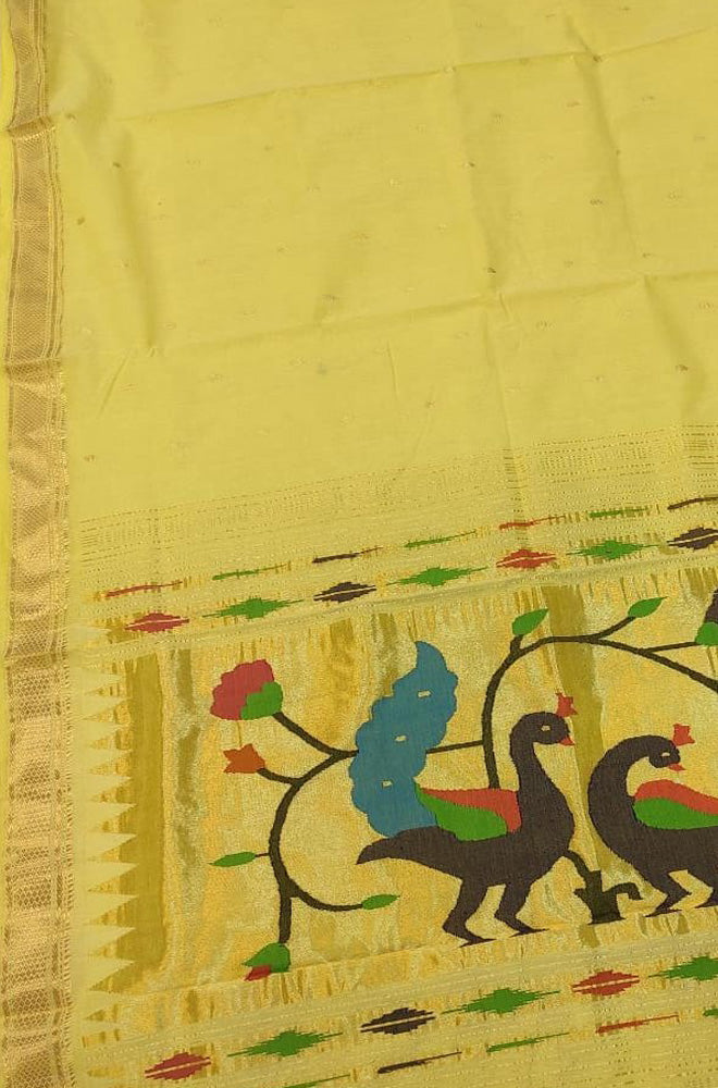 Yellow Handloom Paithani Pure Cotton Peacock And Flower Design Saree
