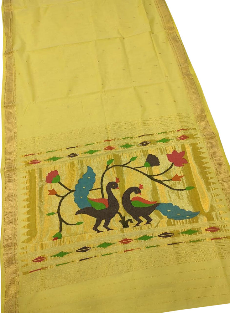 Yellow Handloom Paithani Pure Cotton Peacock And Flower Design Saree