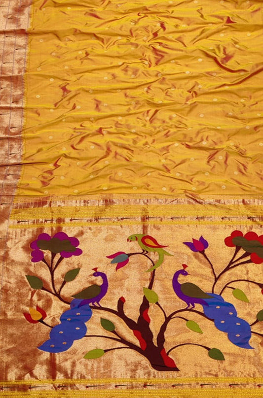 Yellow Handloom Paithani Pure Silk Triple Muniya Border Peacock Design Saree - Luxurion World