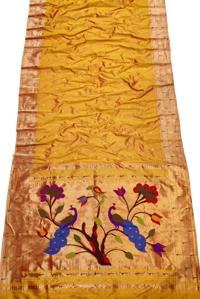 Yellow Handloom Paithani Pure Silk Triple Muniya Border Peacock Design Saree